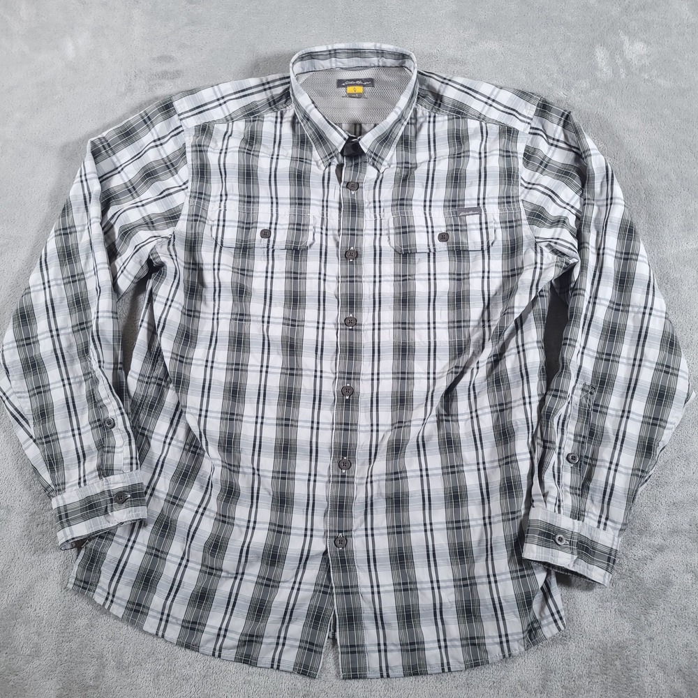 Eddie Bauer Shirt Mens Large Gray Plaid Button Up Long Sleeve Roll Tab Hiking